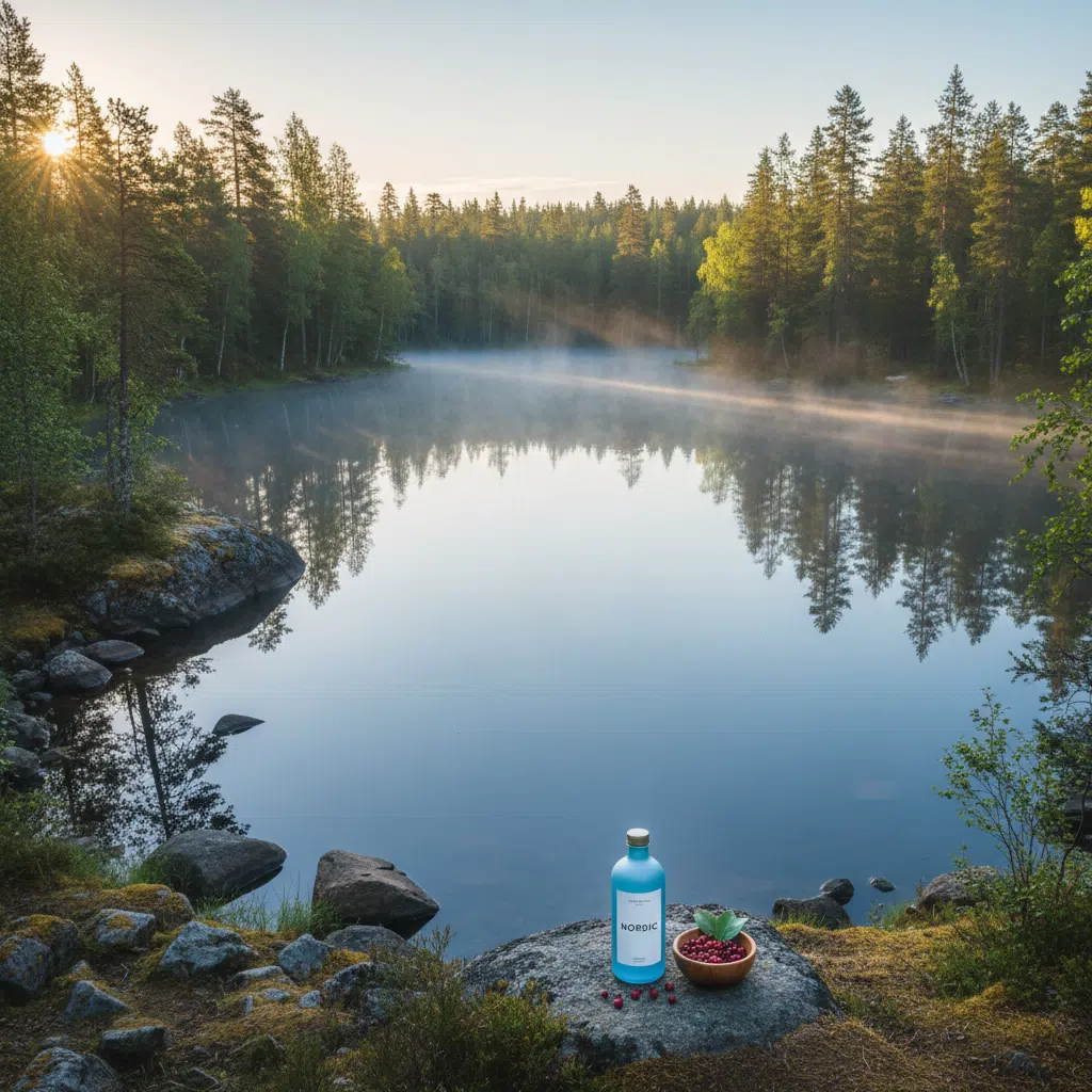 Skandinavisk skogssjö i gryningsljus