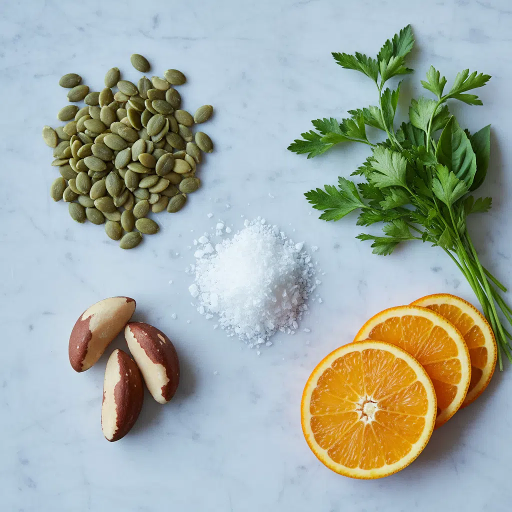 Naturliga ingredienser: pumpafrön, paranötter, magnesiumflingor, örter, apelsinskivor